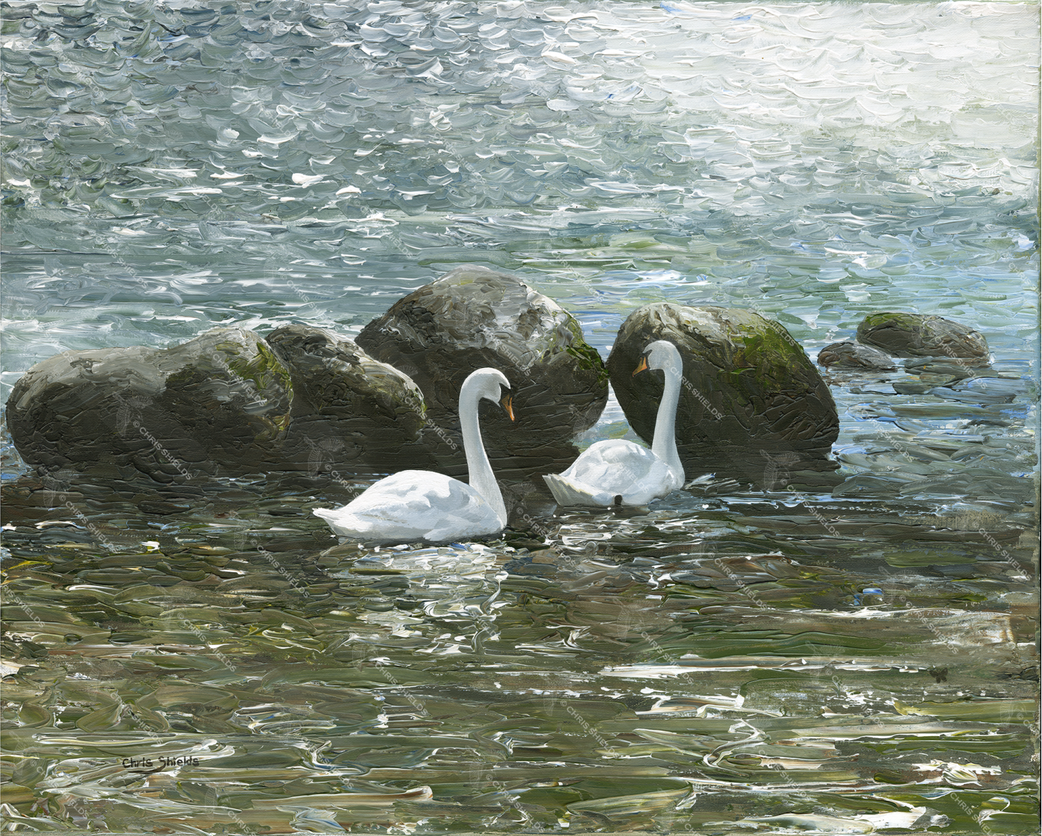 Painting of Swans on Turbulent Waters